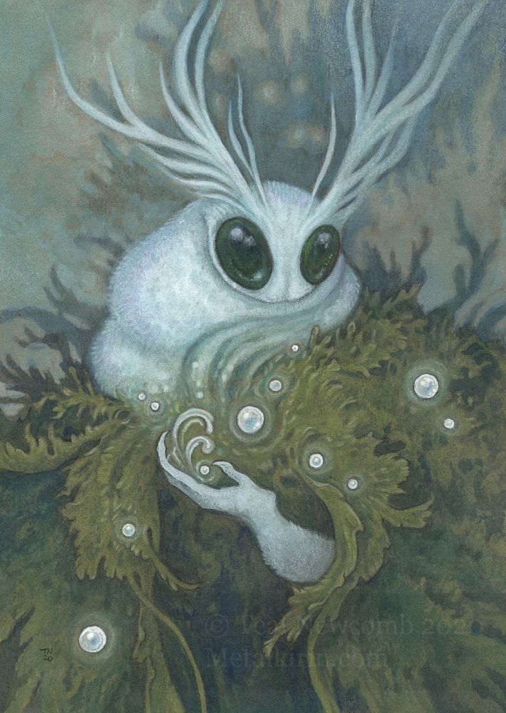painting of a white, fluffy anthropomorphic moth in a green cloak made of lichen with floating pearls 