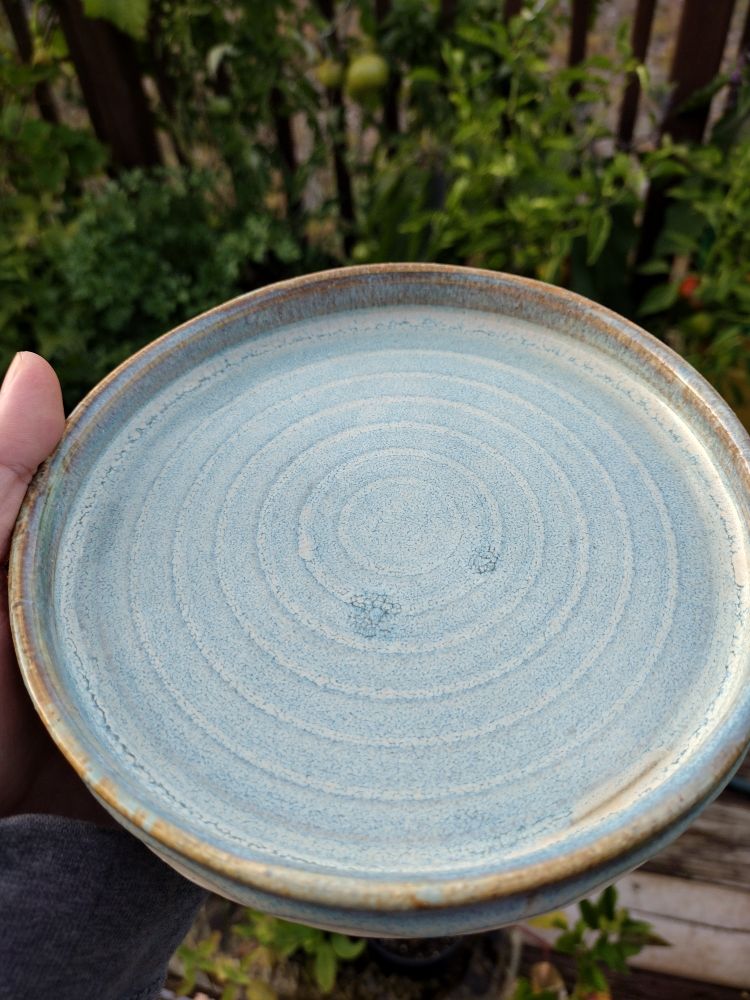 Small bowl with concentric circles, glaze is blue and brown 