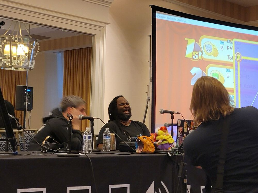 Woolie and SuperEyepatchWolf during their Magfest panel, “the dokapon incident”. 