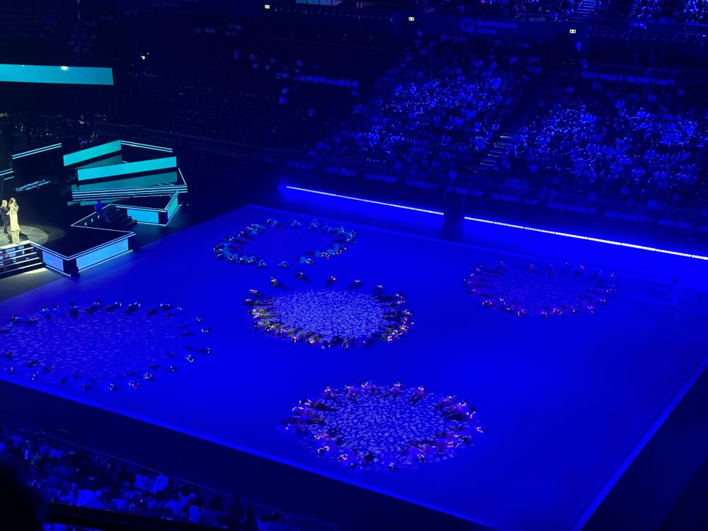 Another pic of the show. The colouring is blue and the performers are in 5 smaller circles. The kids are dressed as fairies with twinkle lights on their heads. 