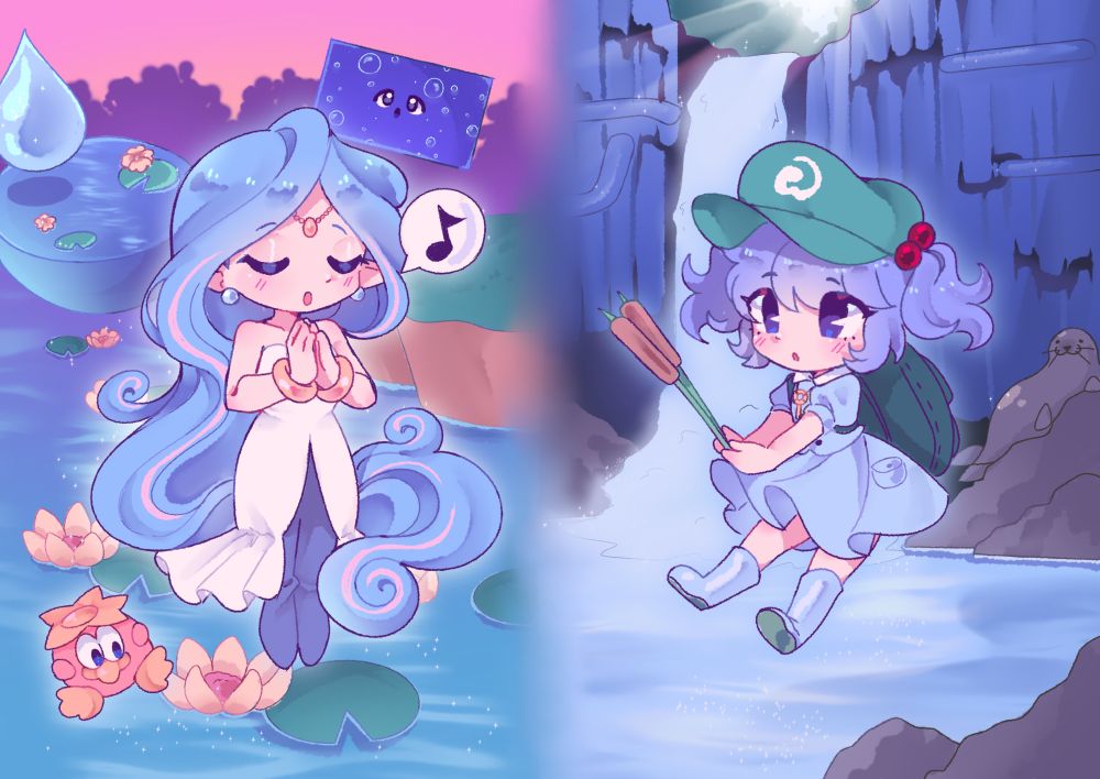 On the left is Panel de Pon's (パネルでポン) Fairy of Water, Elias (水の妖精、 エリアス).

On the right is Touhou Project's (東方Project) Super Youkai Warhead, Nitori Kawashiro (河城 にとり).


(Six down, three to go...)