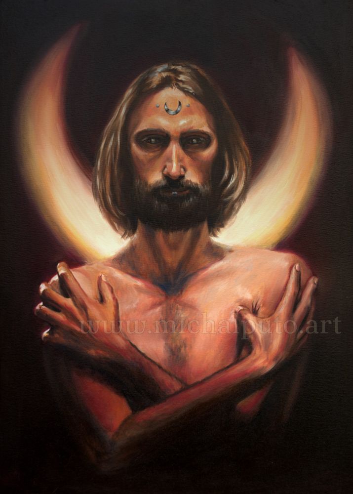 Oil painting on canvas. 50x70cm. Portrait of a bearded man, he's holding his hands on his shoulders, his hair are reaching his chin. There is a moon in the background, he also has a moon symbol on his forehead.