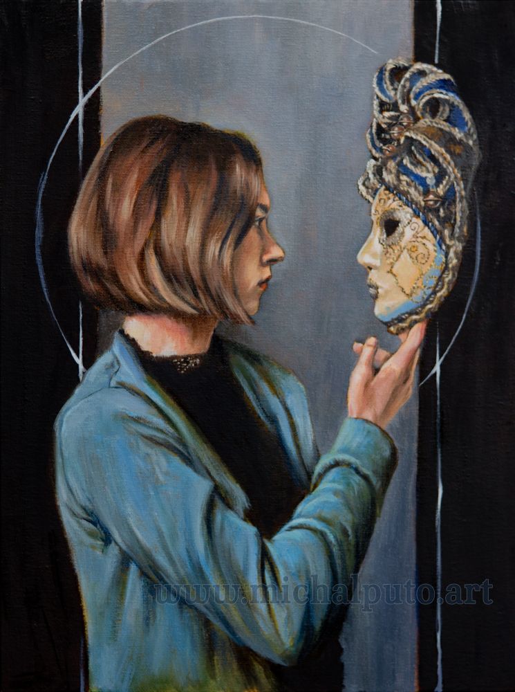 Oil painting. Portrait of a girl holding a venetian mask on the tip of her right hand. She has short hair, wears a blue sweater.