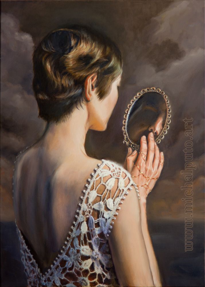 Oil painting on canvas. 50x70cm. A woman looking into the hand mirror. She's wearing a crocheted dress.
