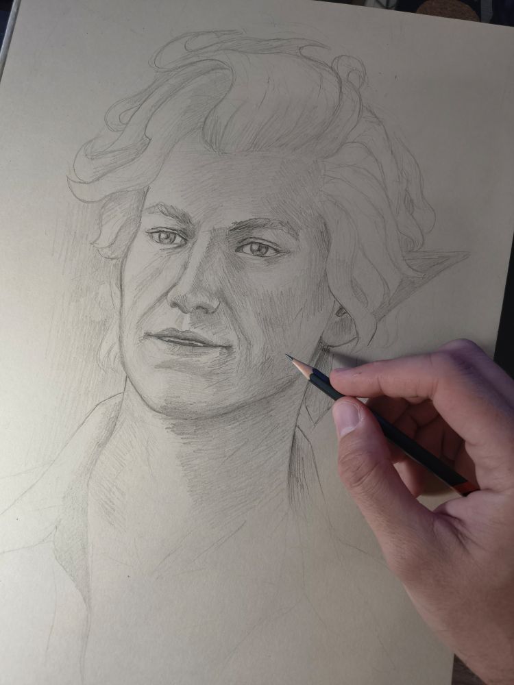 Work in progress pencil sketch of Astarion from Baldur's Gate 3 video game.