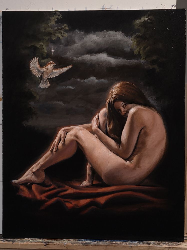 Oil painting on canvas panel, 40x50cm. There is a nude woman, holding her knees, she's sitting on the red thick fabric. She's illuminated by the light hovering over a small bird on the left. There are some heavy, dark clouds in the background.