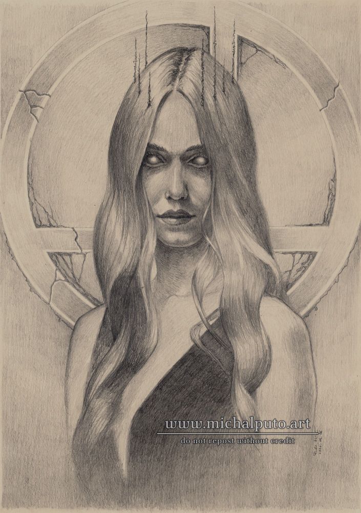 Graphite drawing on toned paper, A3 size. Portrait of a long haired woman, she's wearing thin black crownlike strands. Her eyes are black, glowy in the middle. There is a circular emblem in the back. She's wearing a black dress.