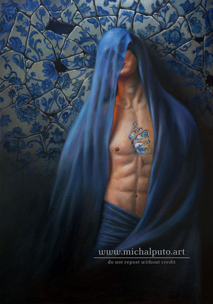 Oil painting on canvas, 70x100cm. A man standing against a broken porcelain wall, he's wearing a blue fabric draped from his head, instead of his face there is a skull visible under the fabric. There is a porcelain heart visible on his chest.