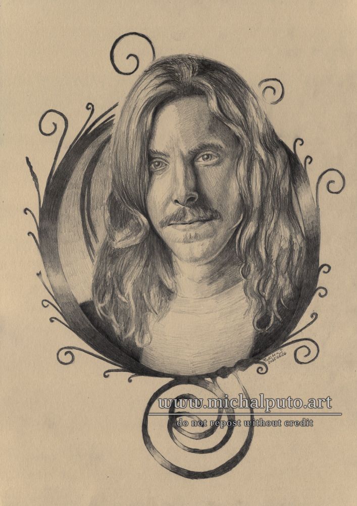 Graphite drawing on paper, A3. Portrait of Mikael Åkerfeldt from Opeth band, the logo of the band is used as a background.