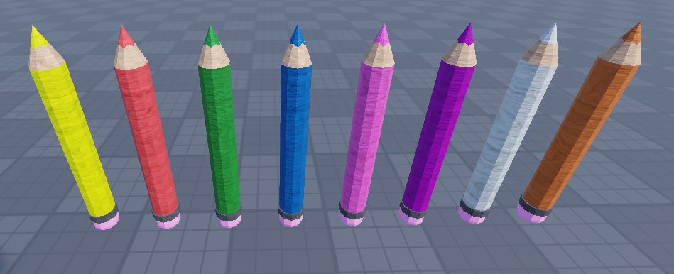 8 giant pencils colored as purple, pink, blue, green, red, orange, yellow, white