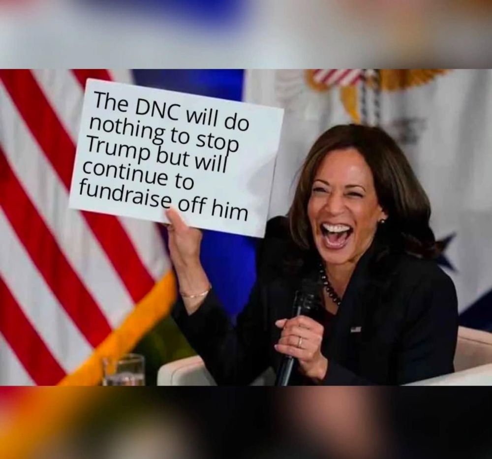 Pic of Kamala Harris laughing and holding a sign that has been Photoshopped to read, "The DNC will do nothing to stop Trump but will continue to fundraise off him."
