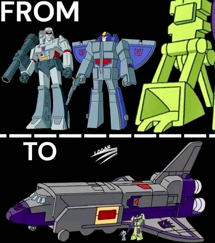 Panel 1: Megatron and Astrotrain in robot mode next to the right foot of Devastator.
Panel 2: Megatron dwarfed by Devastator with Astrotrain in shuttle mode, but large enough Devastator could stand upright inside.
