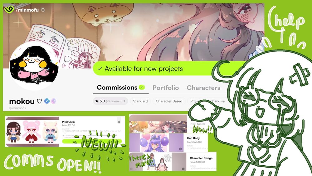 A collage of screenshots from my anime art commission portfolio on VGen. Commissions are open! Help!