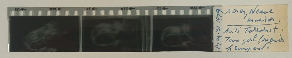 Row of three negatives of sketches of women, with a handwritten label pasted to one end reading "Mar. 31 1979 / Airey Neave murder. / Anti Terrorist . Two girl friends of suspect.".