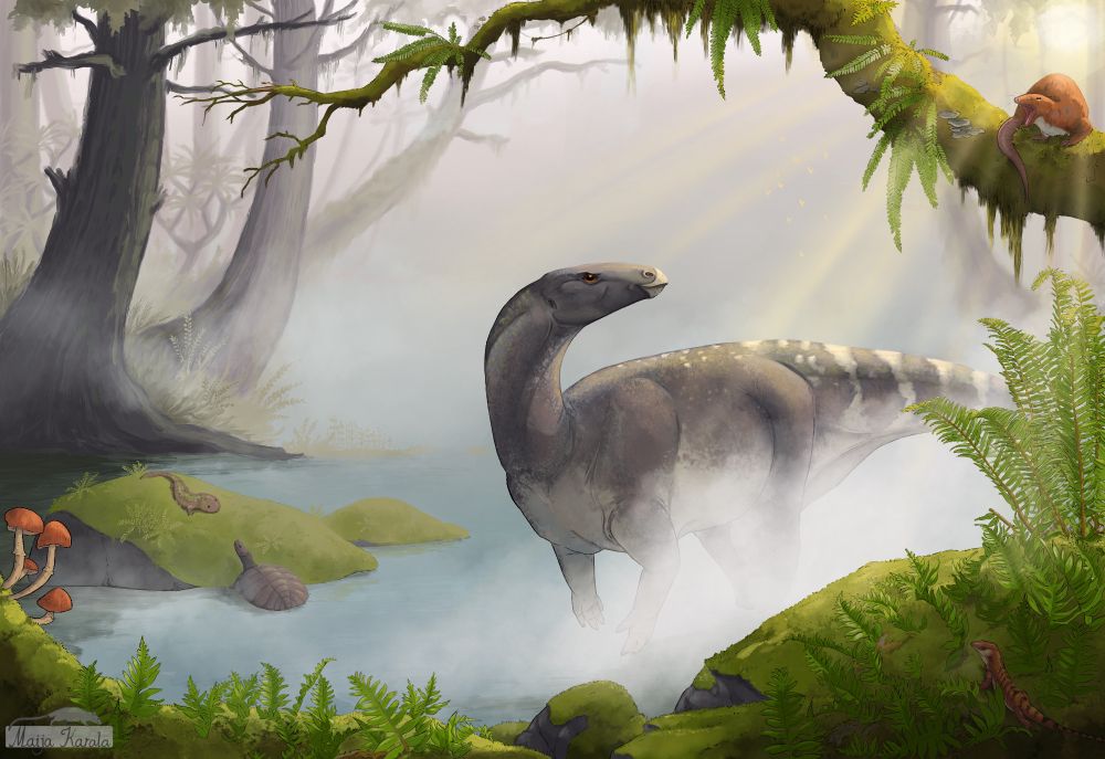 Colourful digital illustration of a misty lagoon landscape in evening sun, during the middle Jurassic period. In the middle ground, there is a smallish ornithischian dinosaur standing in shallow water and lookind around. The dinosaur is purplish grey with green and creamy white patterns. On the foreground, there are rocks covered in mosses, ferns and fungi, with a small lizard hiding among the vegetation. On a tree branch above, a small mammal (Krusatodon) yawns. The background has more mossy rocks and gnarly trees partially obscured by mist, as well as a turtle and a salamander.