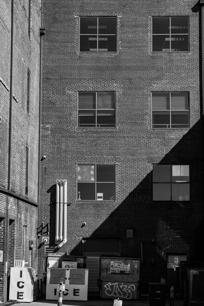 Photo of an intercity building with six four paned windows, a dumpster and two ice machines.  I guess they use a lot of ice.