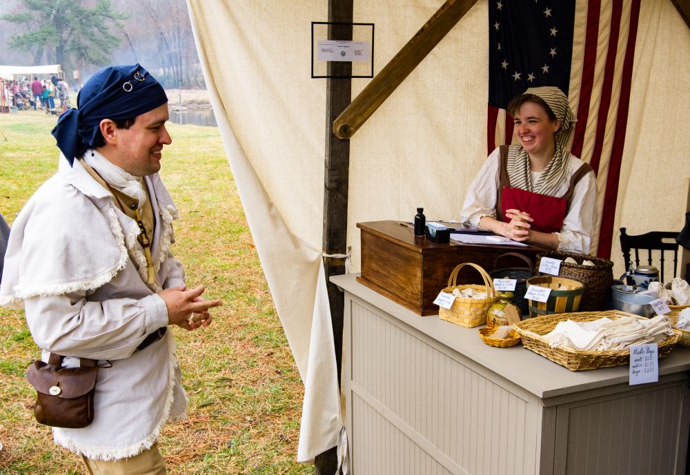 Two American Revolutionary War reenactors at the site of the Battle Of Guilford Courthouse, an important battle in the American Revolution.