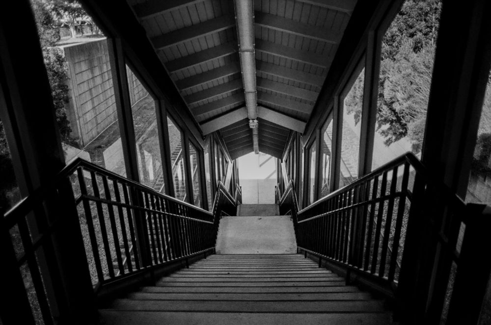 Stairs leading from the train station down to the tracks.