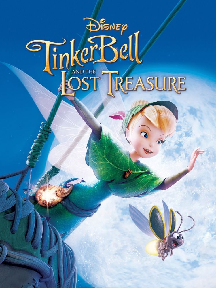 tinker bell leaning out of a hot air balloon with the moon in the background and a lightning bug by her side