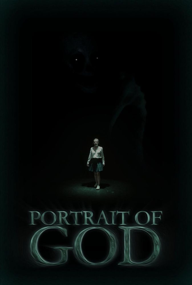 a woman standing in the dark and an extremely faint outline of a humanoid creature with reflective eyes stands largely behind her