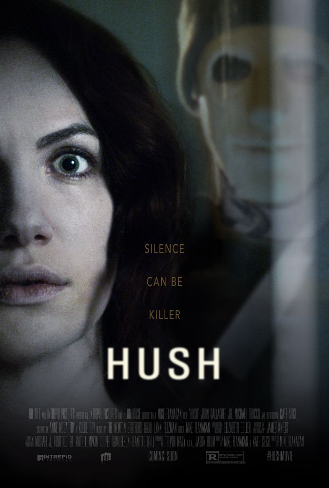 movie poster for hush. a woman with wide eyes seeing a masked man in the reflection behind her.
