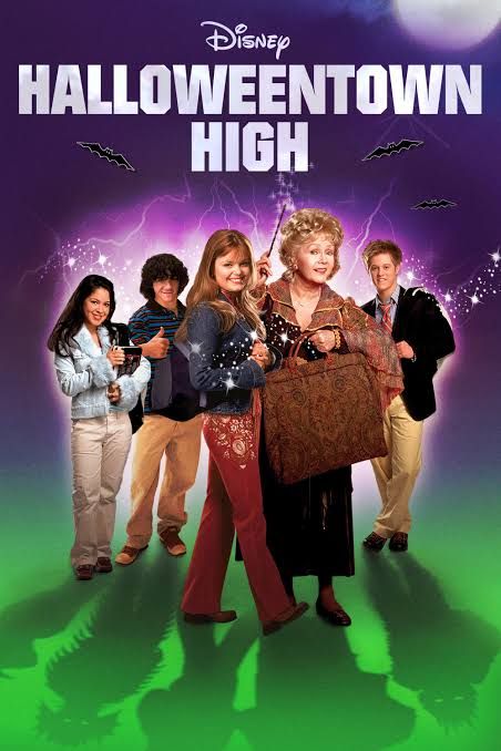 the main characters from halloweentown high stand in front of a purple and green spooky background. their shadows are the creature they are under their human skin