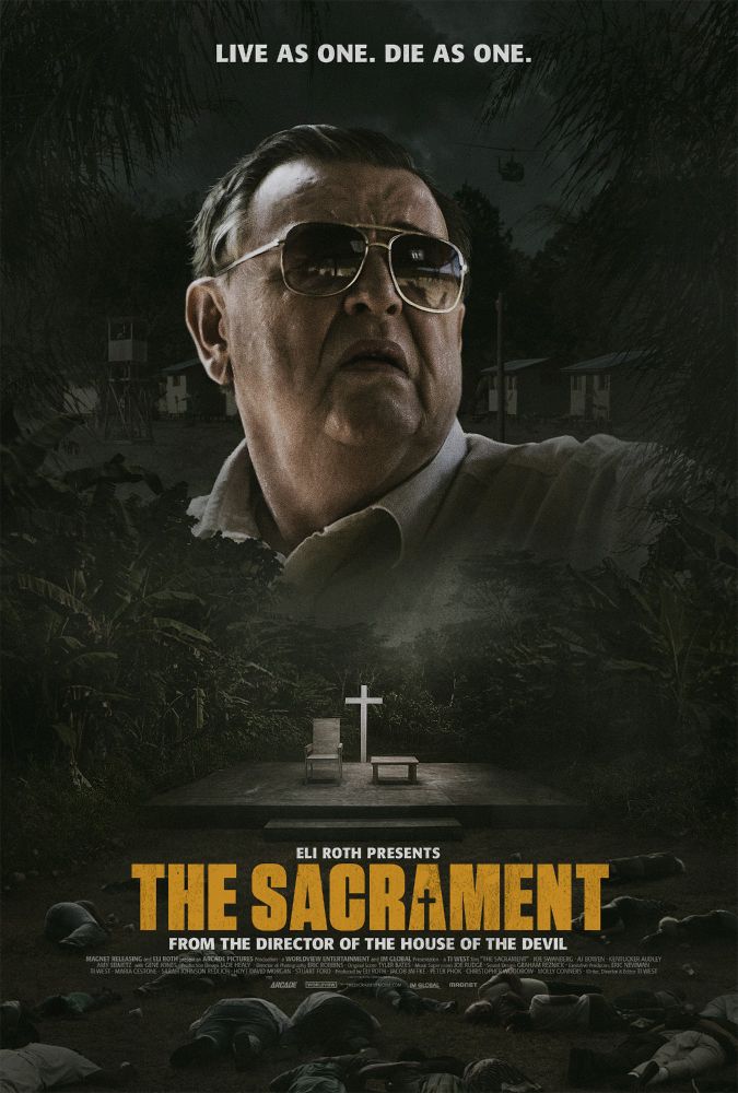 a man in glasses superimposed over a pulpit with dead bodies in the foreground