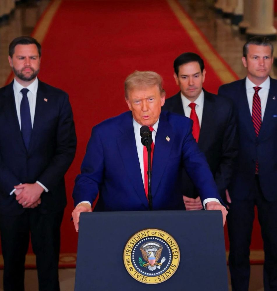 Trump, Vance, Rubio, and Hegseth announcing their unconstitutional,  unilateral war of choice on Iran