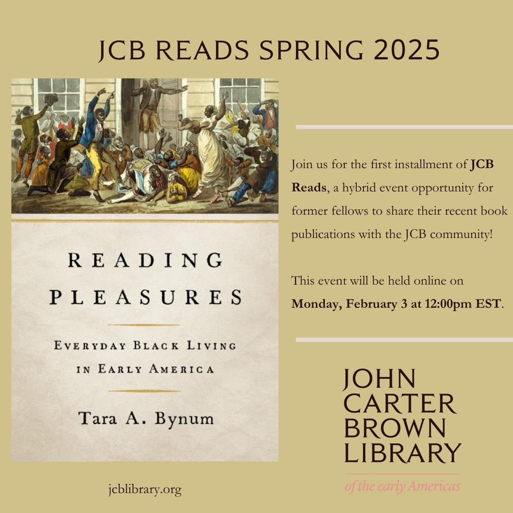The image contains the JCB logo, the text replicated in the post, the cover of Tara Bynum's book, and the words "JCB Reads Spring 2025."