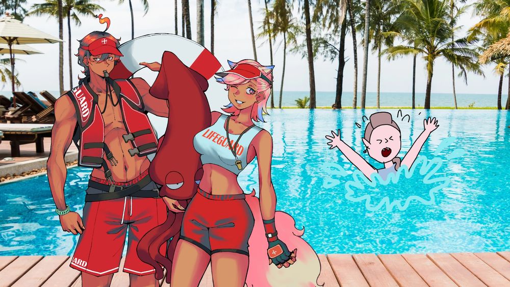 Peachu and hiro as lifeguards poolside. @theletterz is drowning in the background