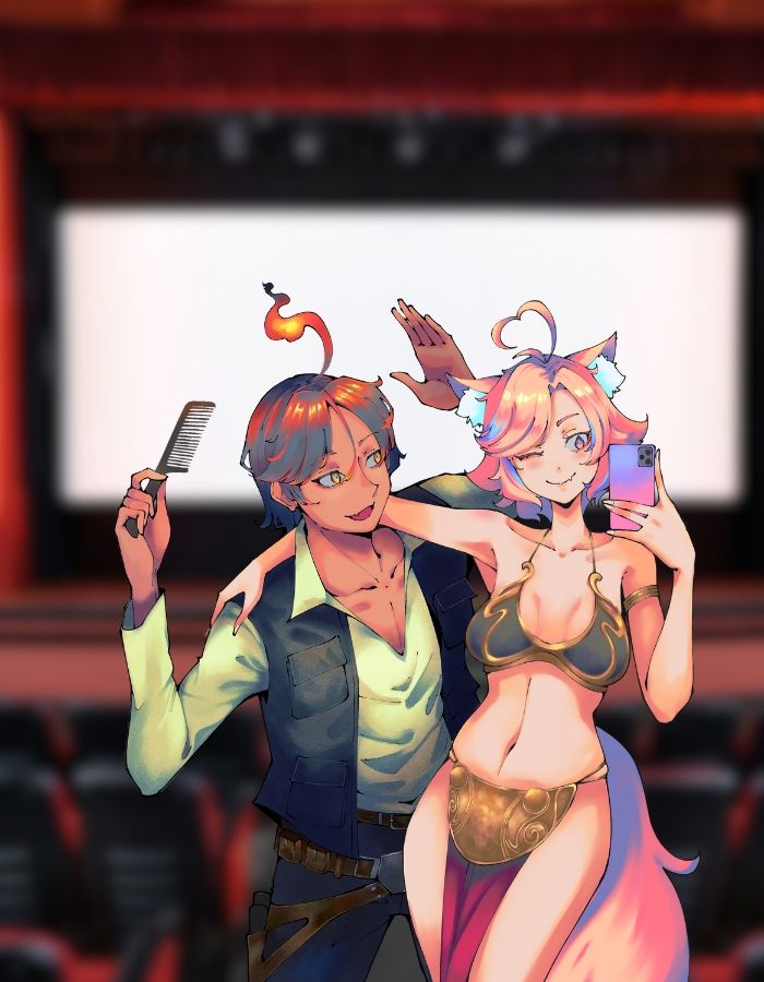 Art of peachuislost and hirokonoki dressed as Leia and Han Solo in a movie theater.