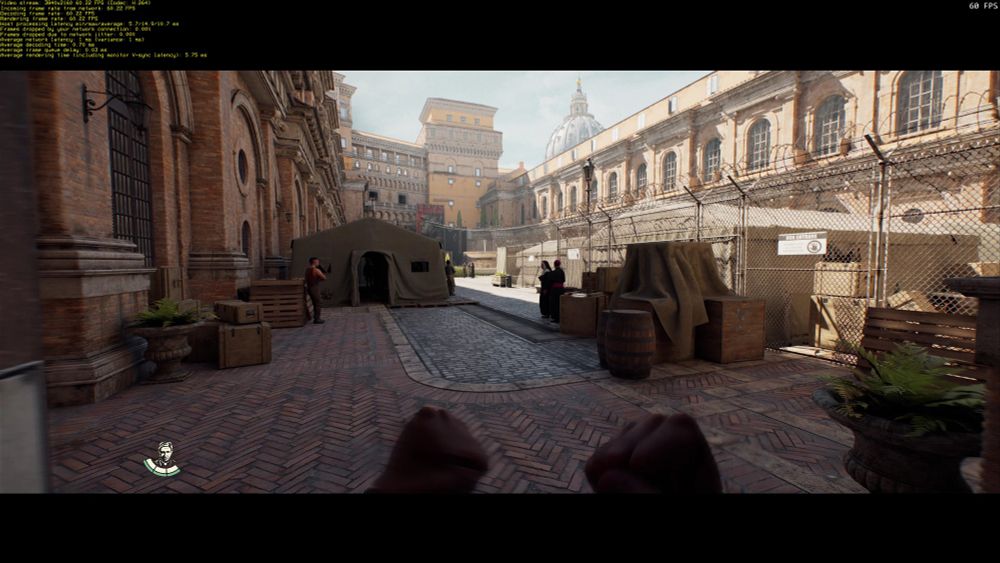 A screenshot of Indiana Jones and the Great Circle streaming to Steam Deck with the Moonlight performance stats overlay enabled.

The stats read:

Video stream: 3840x2160 60.22 FPS (Codec: H.264)
Incoming frame rate from network: 60.22 FPS
Decoding frame rate: 60.22 FPS
Rendering frame rate: 60.22 FPS
Host processing latency min/max/average: 5.7/14.9/10.7 ms
Frames dropped by your network connection: 0.00%
Frames dropped due to network jitter: 0.00%
Average network latency: 1 ms (variance: 1 ms)
Average decoding time: 0.70 ms
Average frame queue delay: 0.03 ms
Average rendering time (including monitor V-sync latency): 5.75 ms