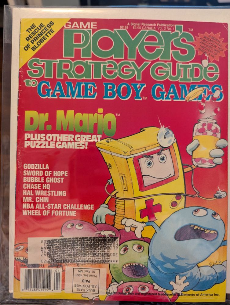 Front cover of "Game Player's Strategy Guide to Game Boy Games" Vol. 2 No. 1 featuring Dr. Mario, Godzilla, Sword of Hope, Bubble Ghost, Chase HQ, HAL Wrestling, Mr. Chin, NBA All-Star Challenge, and Wheel of Fortune. The cover art is a spoof of Dr. Mario was a Game Boy wearing a stereoscope chasing after viruses while holding a bottle of pills.