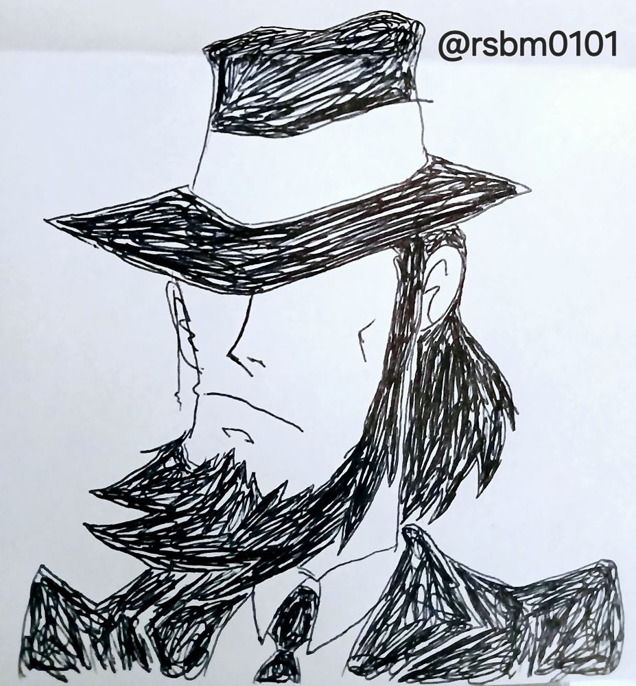 Sketch of Daisuke Jigen with his hat covering his eyes.