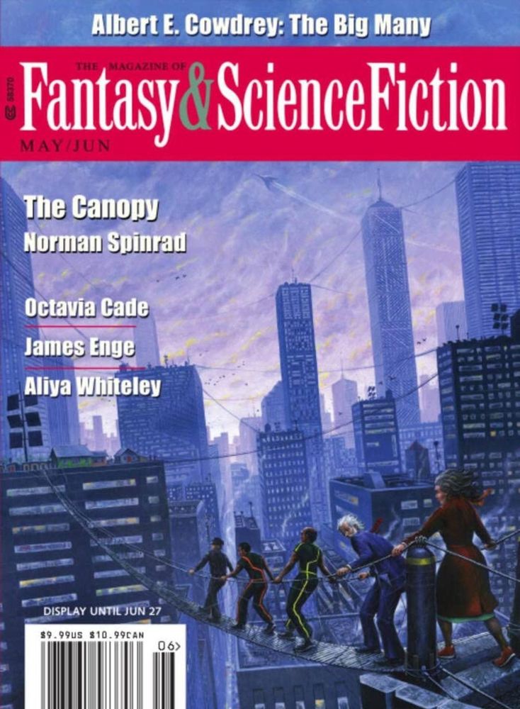 The Magazine of Fantasy & Science Fiction, May/June 2022 issue. Heroes make their way across a perilous rope bridge strung between skyscrapers.