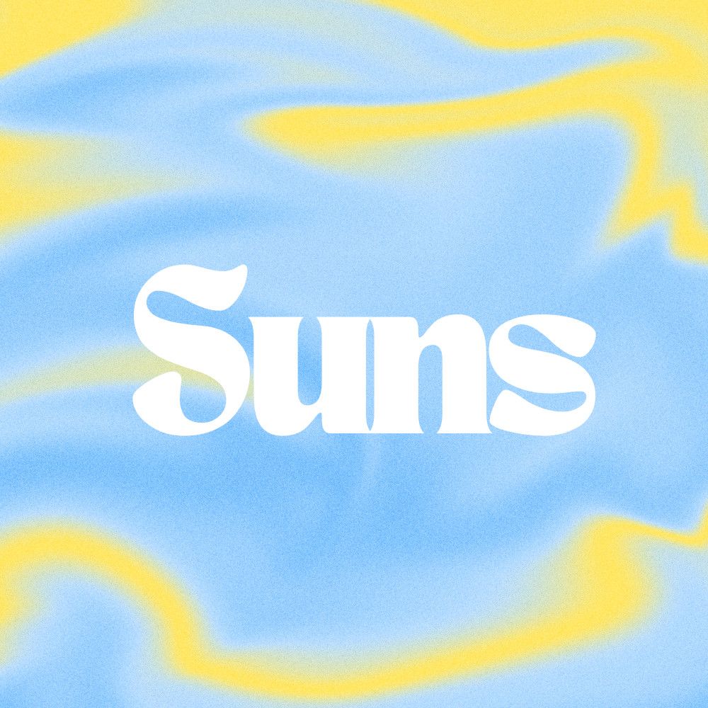 Design made for an Apple Music playlist of indie pop music, it reads: "Suns", with an abstract, wavy blue and yellow background.