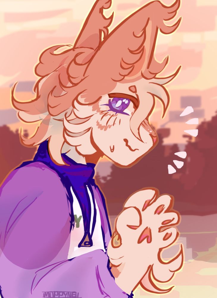 A sketchy scenic half body of a yellow tabby standing by a lake and waving at the viewer.