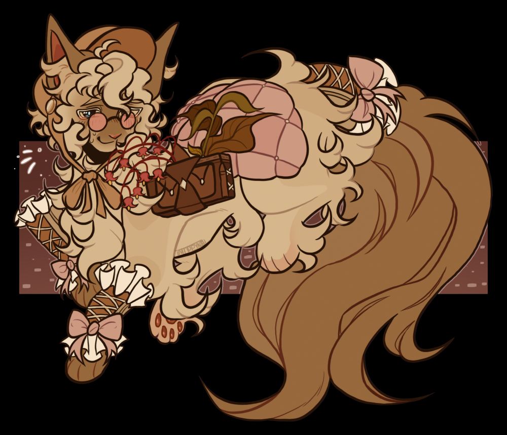 A flat fullbody of a red point siamese cat. He’s wearing a tan hat, a basket on his shoulder, a blanket on his back, and some accessories on his front legs and tail.