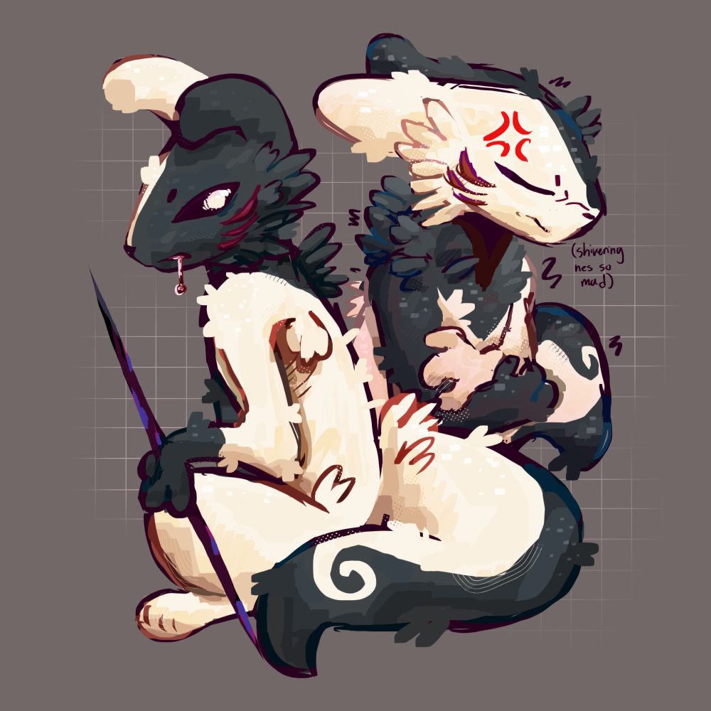 A sketchy full and a sketchy half of a grey and white slugcat. In the fullbody he is holding a spear and staring blankly at the viewer while drooling and in the halfbody he has his arms crossed with an irritated expression.