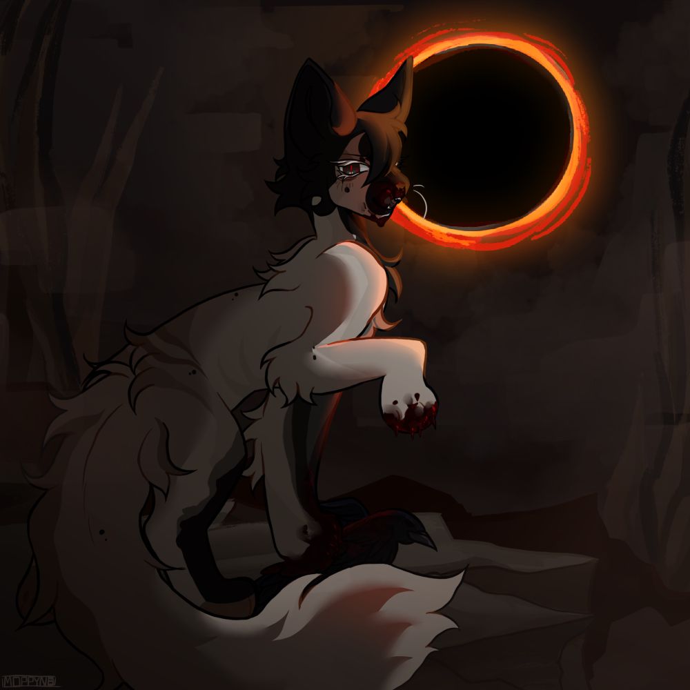 A shaded scene of a black and white cat with a crescent moon marking on her face. The background is a pale brown forest with an eclipsed sun in the upper right corner. She’s standing on the edge of a cliff looking intensely at the viewer. Blood is dripping from her mouth and onto the ground where she’s holding a dead crow in place.