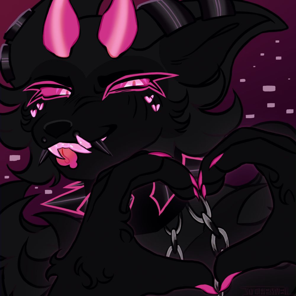 A flat icon of a black canine with hot pink accents. He has piercings on his face and ears and a spiked collar with chains hanging from it.