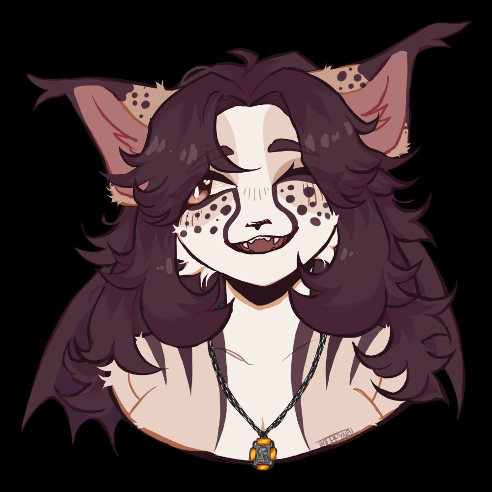 A sketchy bust of a tan feline with dark purple spots, long fluffy hair, and wings. She’s looking off to the side while winking.