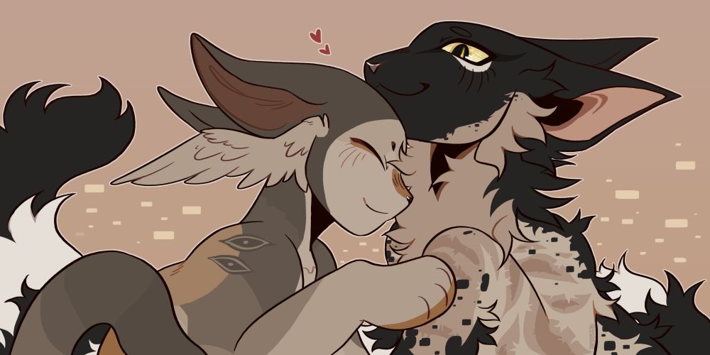 Flat colored bust ship art of two cats. One of them is mostly grey with white and tan markings and the other is a black and tan tabby. They are cuddling.