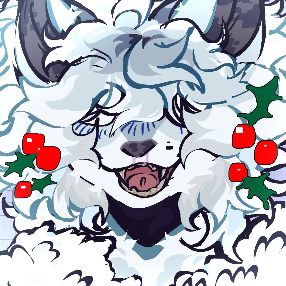 A sketchy bust of a mostly white dog with icy blue accents and holly berries decorating the frame of the piece. They have a big smile on their face.