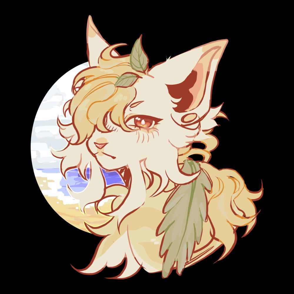 A sketchy bust of a yellow tabby with miscellaneous plants in his fur. He’s looking forward with a neutral expression.