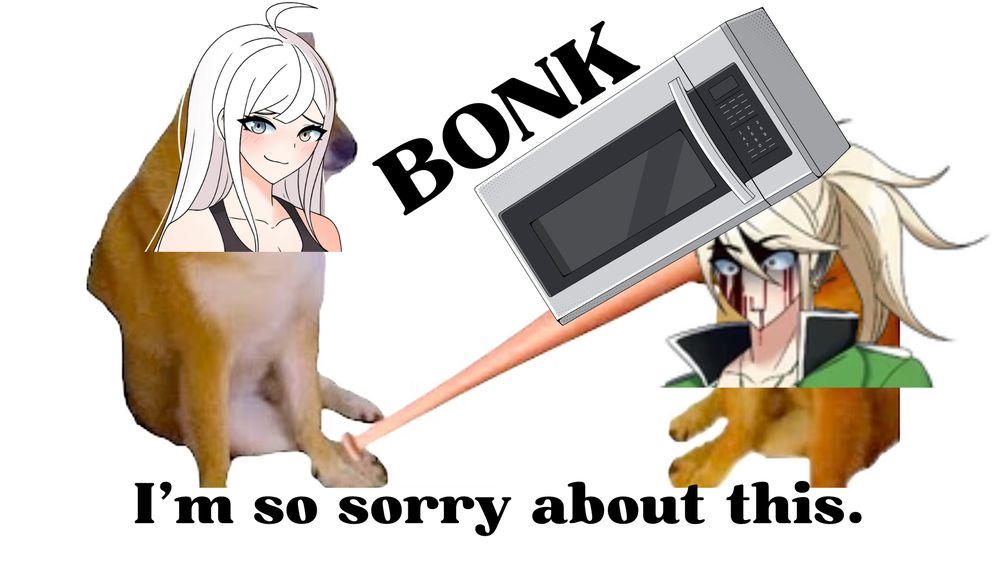 Bonk Meme with Ouno Nanoe and Akiba Taku from Tetro Danganronpa Blue.