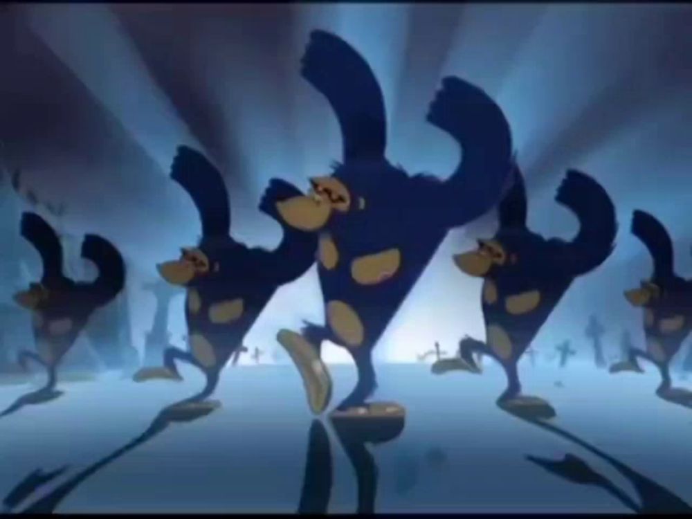 a group of cartoon monkeys are dancing together in a dark room