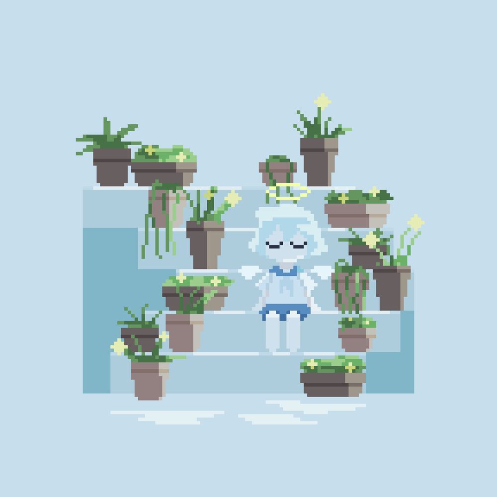植木鉢が大量に置いてある階段に天使が座っている絵です