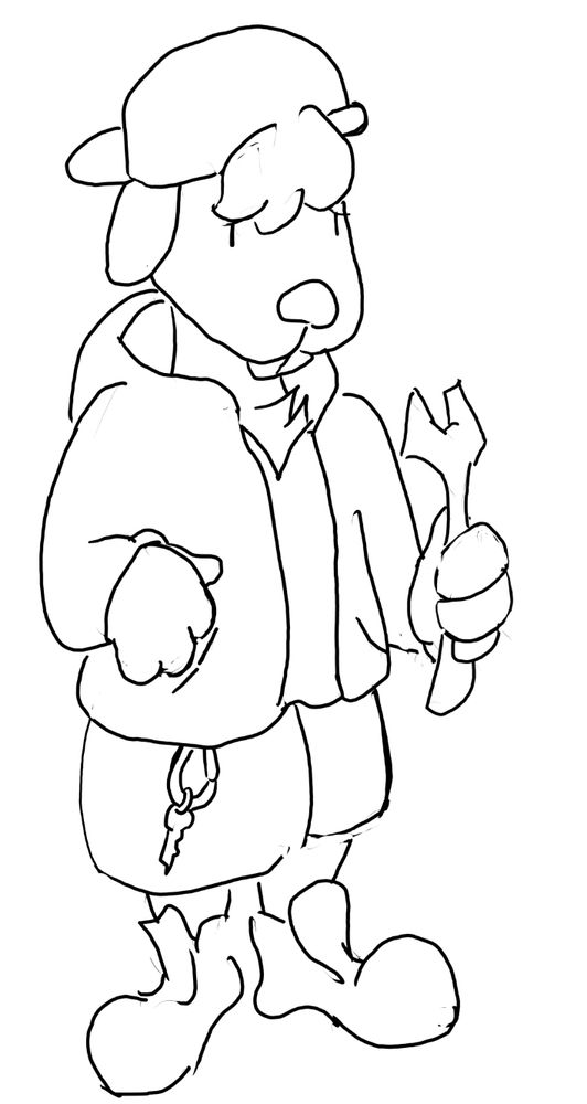anthropomorphic dog. concerned face, tongue hanging out.
wearing a backwards hat, hoodie, v-neck shirt, sneakers, shorts with a carabiner with a key. holding a wrench in one hand.