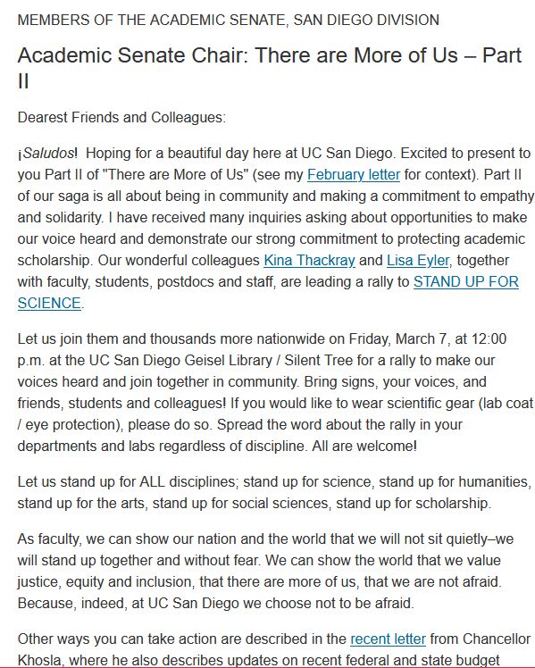 UCSD Academic Senate Chair Olivia Graeve encouraging the entire campus to #standupforscience at the rally next Fri March 7 2025 at 12 noon in front of the Geisel Library/Silent Tree!